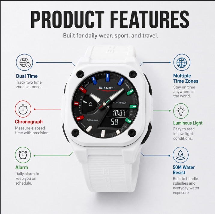 Men's Casual Quartz Analog-Digital Plastic Sport Watch - 30M-50M Waterproof, Chronograph, Luminous Light, Multiple Time Zones, Alarm, TPU Strap, Wearable Tech, Men's Accessories, Mens Gifts
