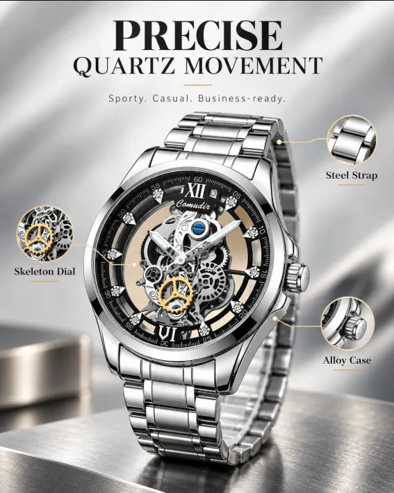 Men's Silver Color Steel Strap Dual-Sided Transparent Sporty Casual Business Watch, Quartz Wristwatch, Analog Round Face, Quartz Movement, Alloy Case