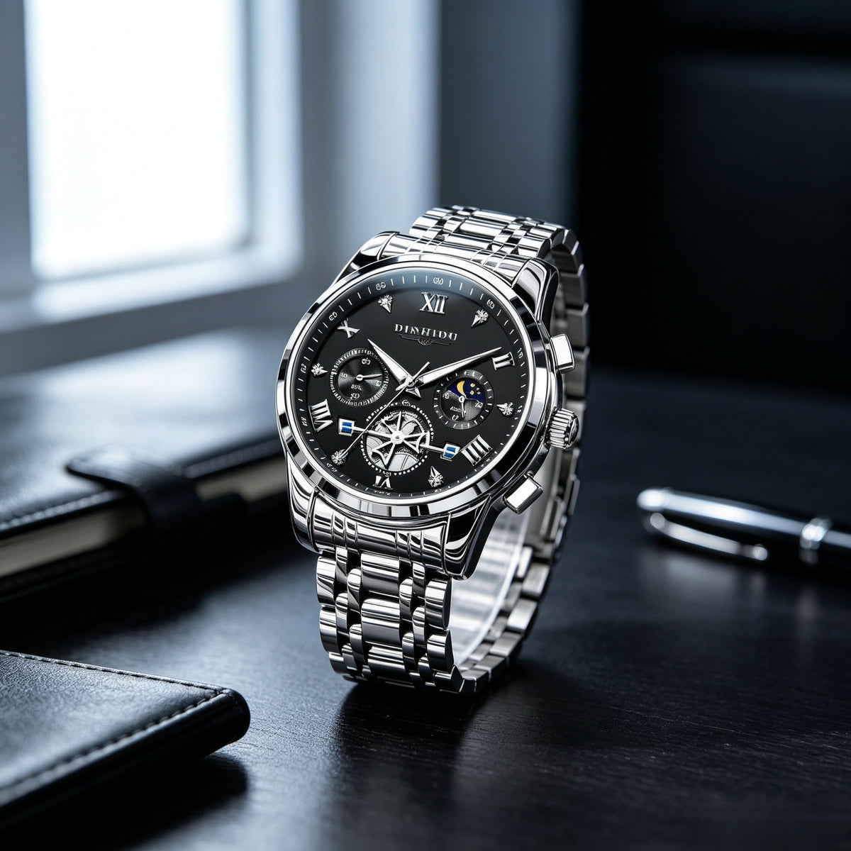 New stylish three-hand six-fingered men's watch - quartz model is selling well with steel strap men's watch.