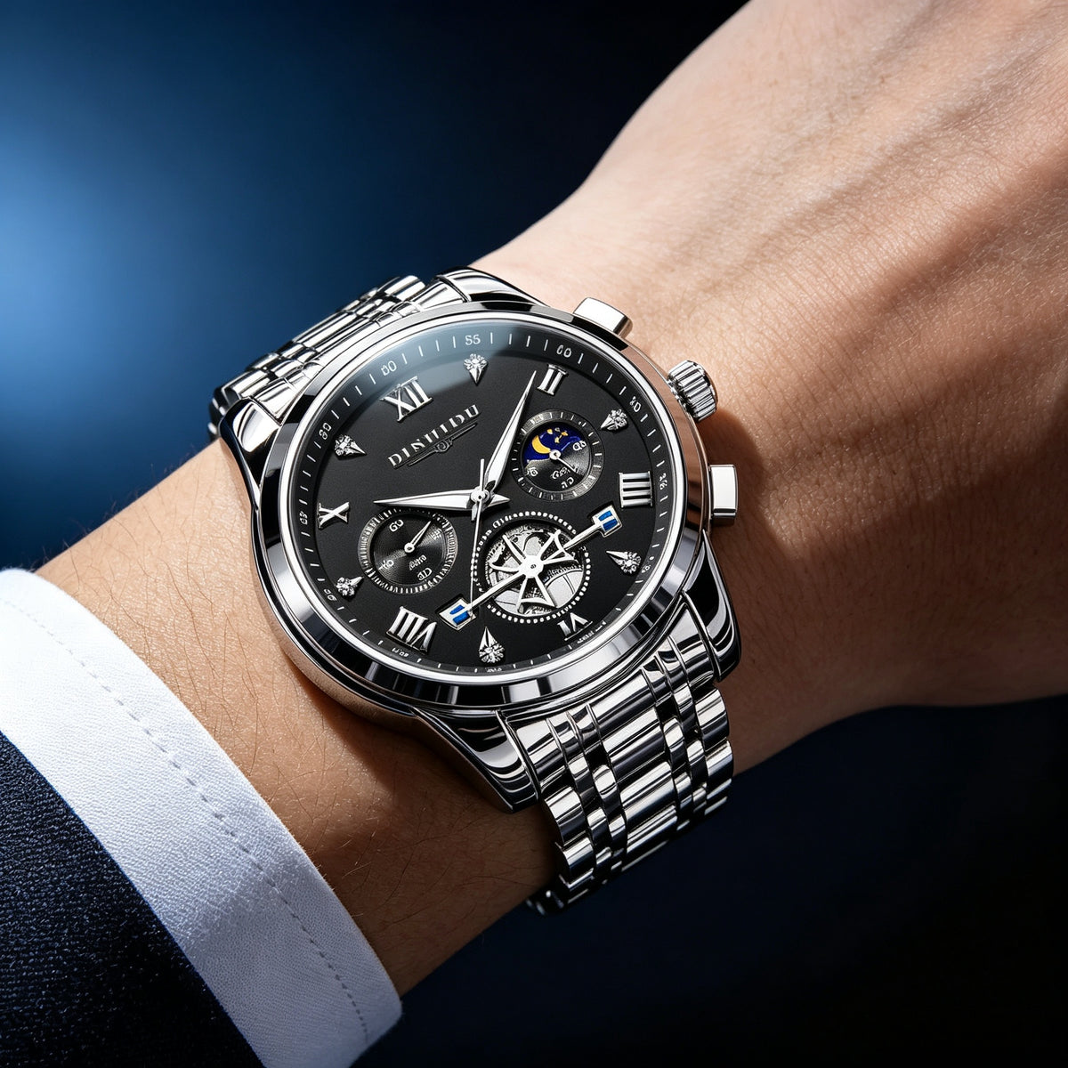 New stylish three-hand six-fingered men's watch - quartz model is selling well with steel strap men's watch.