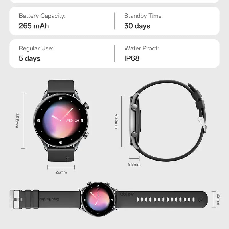 1.43 AMOLED Display, Bluetooth Calls, Fitness & Sleep Tracking, 110+Sport Modes, IP68 Water Resistant, Fast Charging, 120-Hour Battery, iOS & Android, Great Gift for Men & Women.