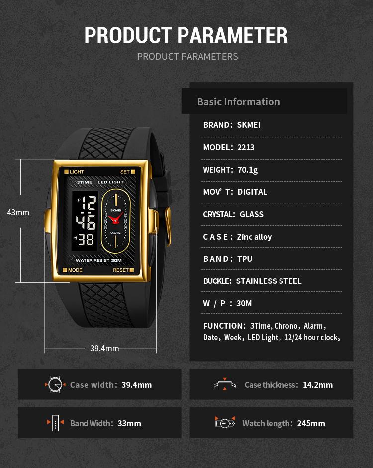 SKMEI Men's Minimalist Casual Metal Frame Rectangle Digital Wristwatch - 40mm Gold-Tone Analog-Digital Chronograph Stopwatch, Black Band, 30M Waterproof, LED Light