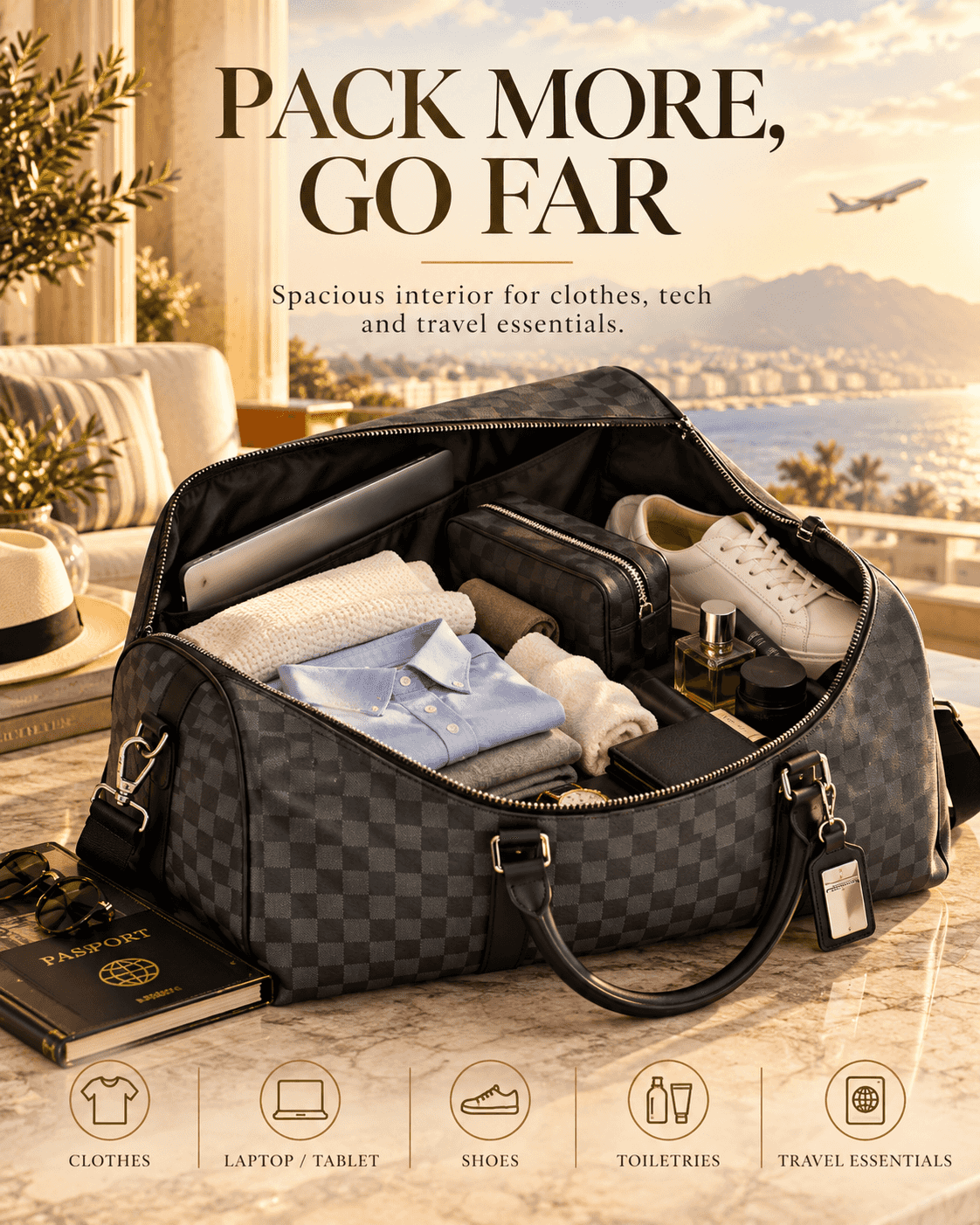 Men’s Large Capacity Travel Weekender Bag – Premium Checkered Duffle Bag with Shoulder Strap, Spacious Carry-On Luggage for Business Trips, Gym & Weekend Travel