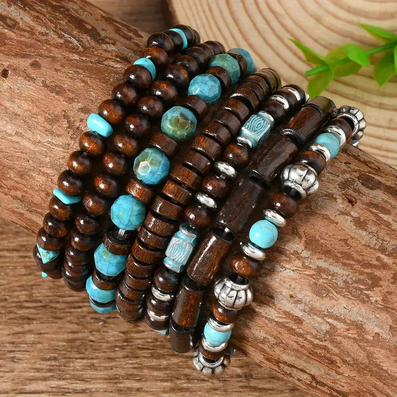 7Pcs Bohemian Retro Unisex Bracelet Set | Handmade Coconut Shell & Wood Beads with Turquoise Accents | Perfect for Daily Wear & Gift