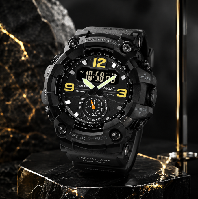 Men's Tactical Analog-Digital Sports Chronograph Watch - 50M Water-Resistant, Large Dual Display, Luminous, Alarm, Adjustable Rubber Strap, 56mm Case, Outdoor Fitness Accessory