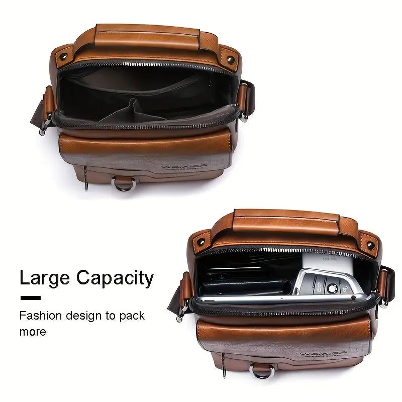 WEIXIER Men's PU Leather Multifunction Messenger Crossbody Bag - Retro Street Vibe, Large Capacity, Adjustable Strap, for Business Travel, Men's Accessories, Birthday Gifts for Him, Thoughtful Mens Gifts for Boyfriend