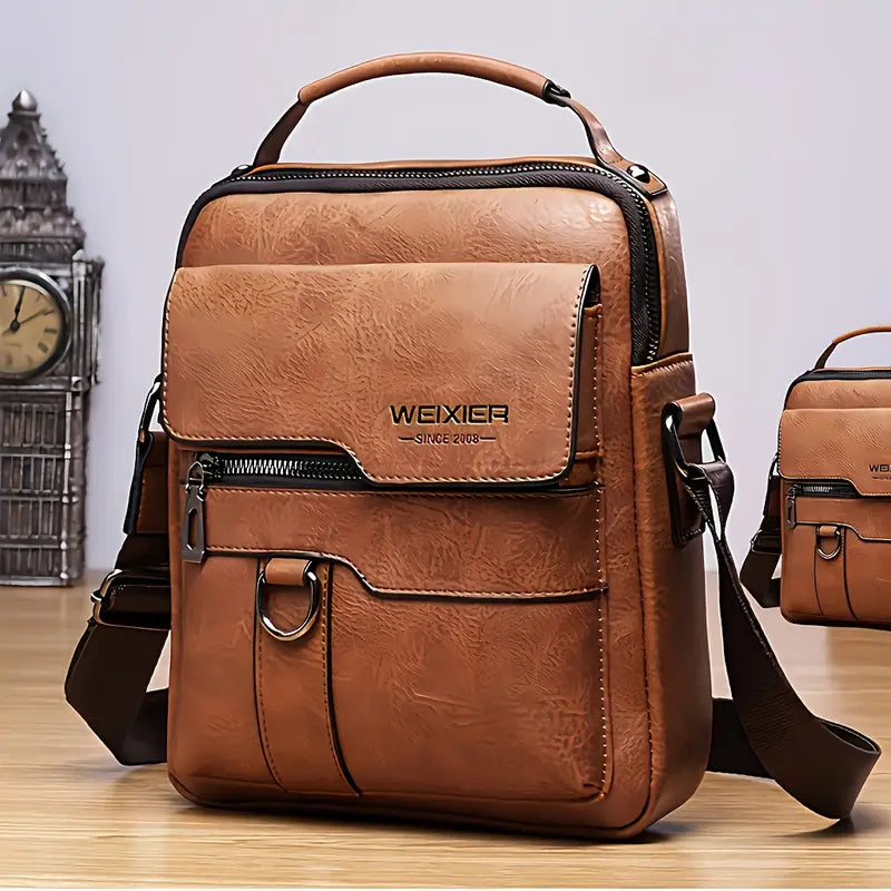 WEIXIER Men's PU Leather Multifunction Messenger Crossbody Bag - Retro Street Vibe, Large Capacity, Adjustable Strap, for Business Travel, Men's Accessories, Birthday Gifts for Him, Thoughtful Mens Gifts for Boyfriend