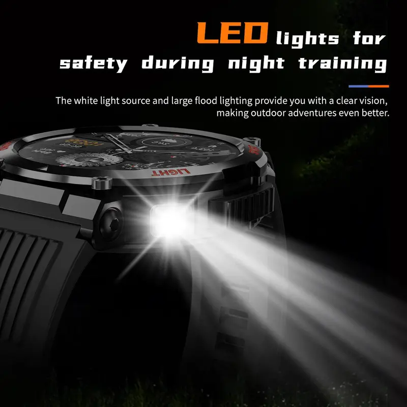 Military Smartwatches (Call Reception/Number Dialing) with LED Flashlight 1.46-inch High-Definition Outdoor Tactical Strong Smart Watch for Sports and Fitness Tracking, Weather , Information Push Voice Assistant, Clock Display Suitable for IOS and Android