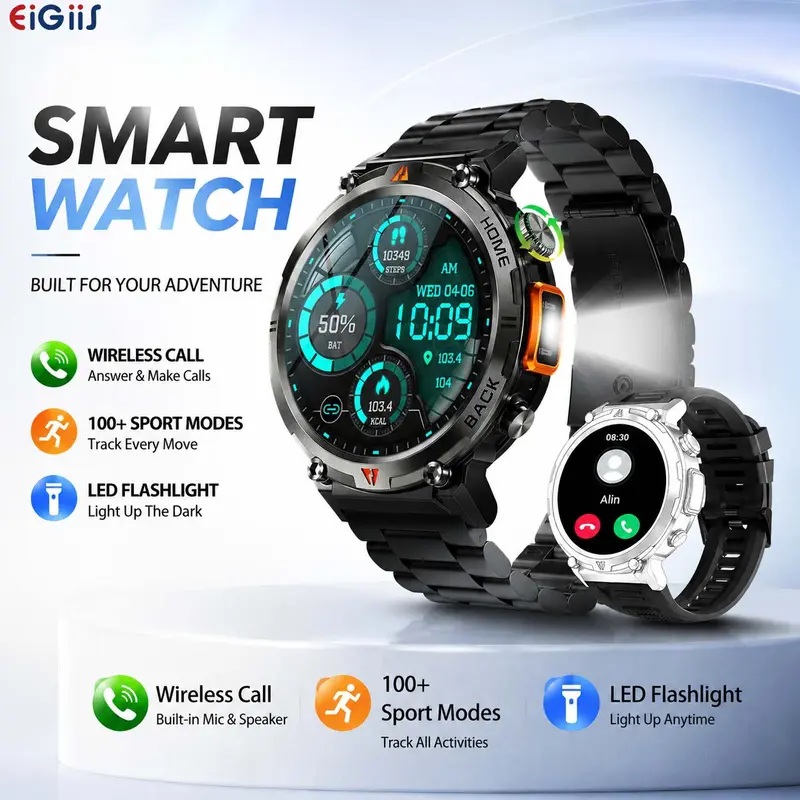 Rugged Wearable Smartwatch for Men - Electronic Gadgets with Call Receive/Dial, LED Flashlight, 3ATM Waterproof, 100+ Sports Modes, Pedometer, Durability, Motion Tracker Smart Watches, Camera Remote Ctrl (Swimming & Gift Compatible)