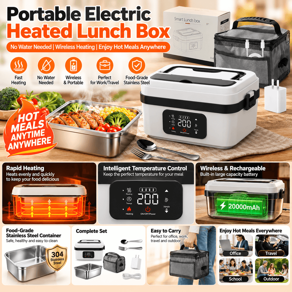 Cordless Heated Lunch Box - Thermal Lunch Box for Adults, Leakproof Insulated Lunchbox, Non-Toxic Stainless Steel, ABS, 12000mAh Battery, 220°F Max Warmer, Lid, Fork, Portable for Office/Car, Dishwasher Safe