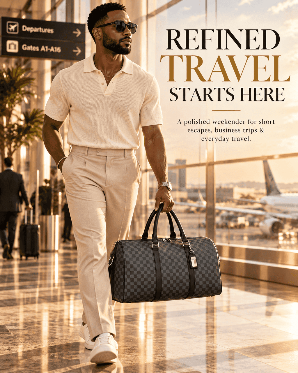 Men’s Large Capacity Travel Weekender Bag – Premium Checkered Duffle Bag with Shoulder Strap, Spacious Carry-On Luggage for Business Trips, Gym & Weekend Travel