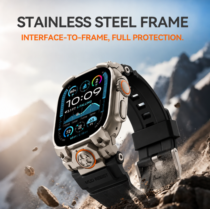 Tactical Armor Wearable Accessory for 49mm Ultra Smart Watch, Rugged Mud-Resistant Silicone+Steel Strap with Premium Stainless Steel Frame, Shockproof Full-Edge Protection Sports Wristband for Outdoorsmen