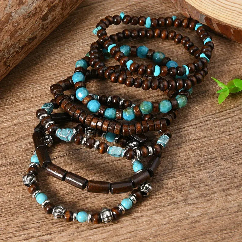 7Pcs Bohemian Retro Unisex Bracelet Set | Handmade Coconut Shell & Wood Beads with Turquoise Accents | Perfect for Daily Wear & Gift