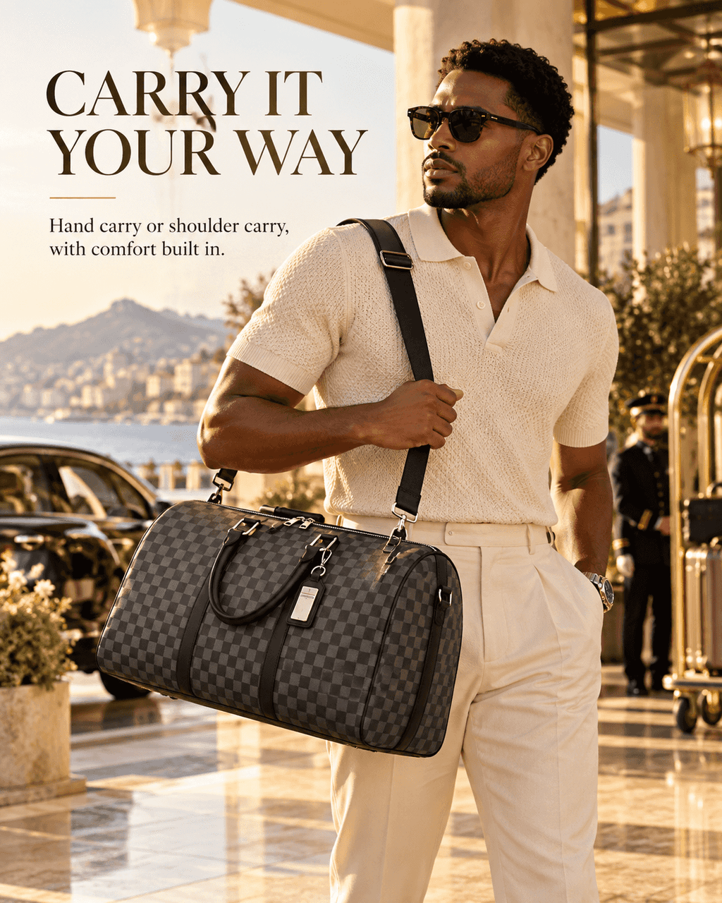 Men’s Large Capacity Travel Weekender Bag – Premium Checkered Duffle Bag with Shoulder Strap, Spacious Carry-On Luggage for Business Trips, Gym & Weekend Travel