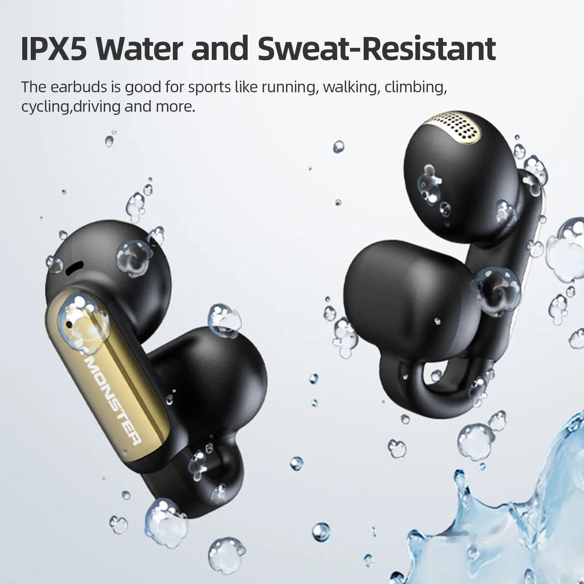 Monster Clip-On Open Ear Wireless Earbuds Bluetooth 5.4 with ENC Mic, Hi-Fi Audio & Stereo Depth, 100H Playtime, Fast Charge, Ultra-Light Secure Fit for Sports