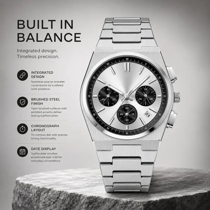 Men's Casual Business Analog Chronograph Watch, Classic Stainless Steel Metal Band, Quartz Movement, Analog Face, Round Shape, Mineral Glass, Calendar Date Display, 30M-50M Water Resistant, Clasp Closure