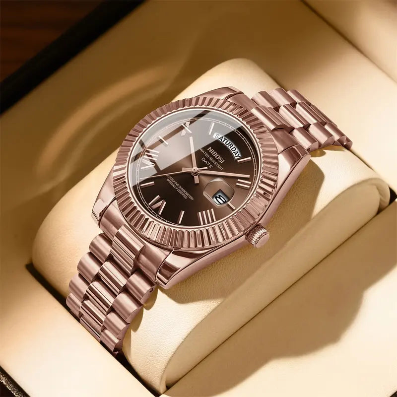 NIBOSI Men's Luxury Dress Watch 40mm rose gold Dial Stainless Steel Band Rotating Quartz Analog Waterproof Luminous Big Face Boss Wrist Watch