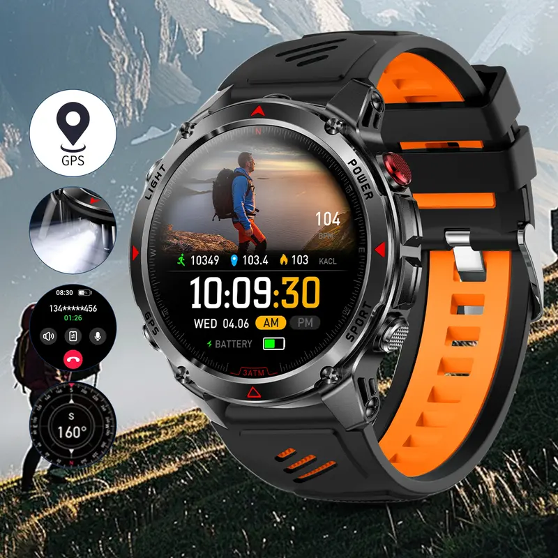 GPS Outdoor Sports Smartwatch, Fitness Tracker with Wireless Calling, 100+ Sports Modes, Calorie Counter, Weather Alerts & LED Compass, Gift for Men and Women, Fitness Smart Watches, Multifunctional Smart Watch
