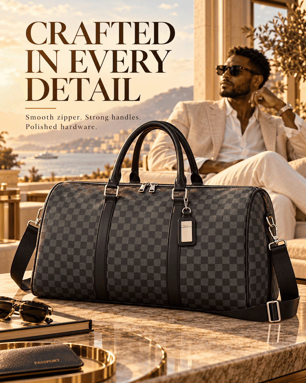 Men’s Large Capacity Travel Weekender Bag – Premium Checkered Duffle Bag with Shoulder Strap, Spacious Carry-On Luggage for Business Trips, Gym & Weekend Travel