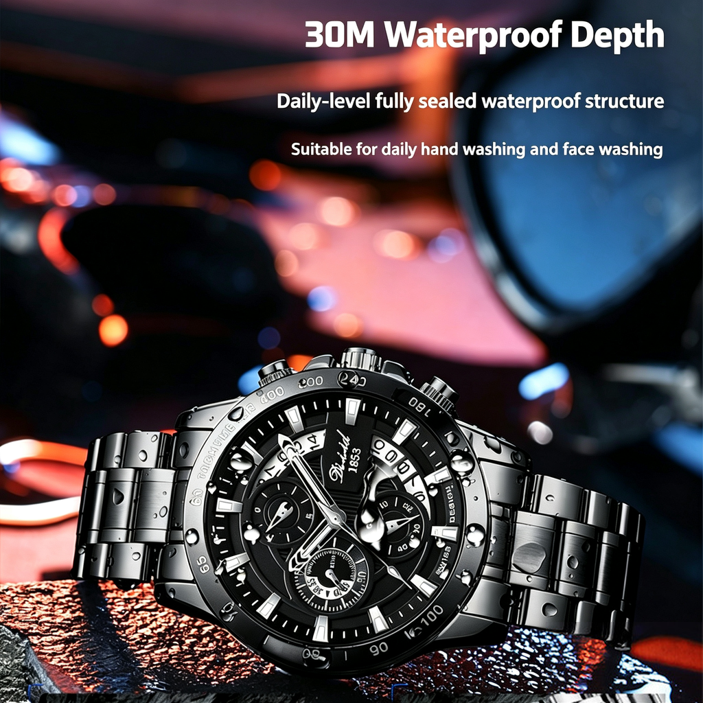 Dizhi Trendy Black Knight Steel Band Men's Fashion Multifunctional Luminous Waterproof Business-Style Quartz Watch
