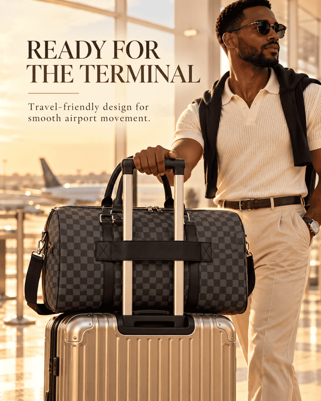 Men’s Large Capacity Travel Weekender Bag – Premium Checkered Duffle Bag with Shoulder Strap, Spacious Carry-On Luggage for Business Trips, Gym & Weekend Travel