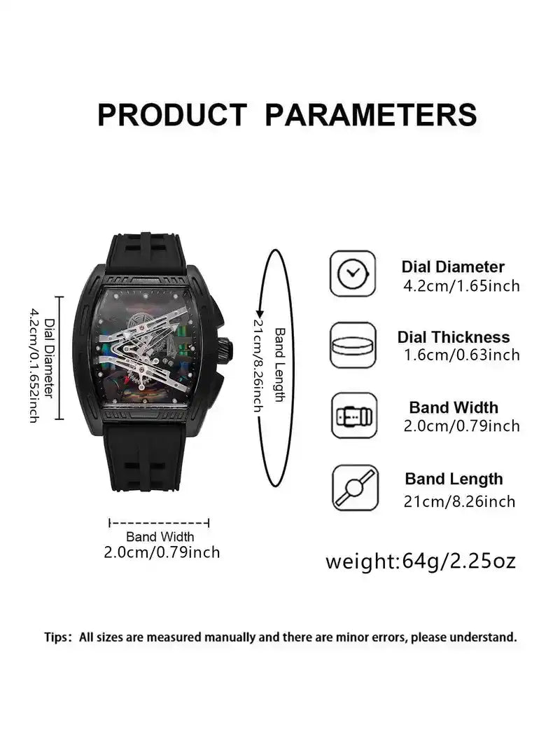 Fashion Tonneau-Shaped Colorful Hollow Dial Silicone Strap Trendy Analog Quartz Wristwatch for Men, Modern Fashionable Watch, Barrel Shaped Watch