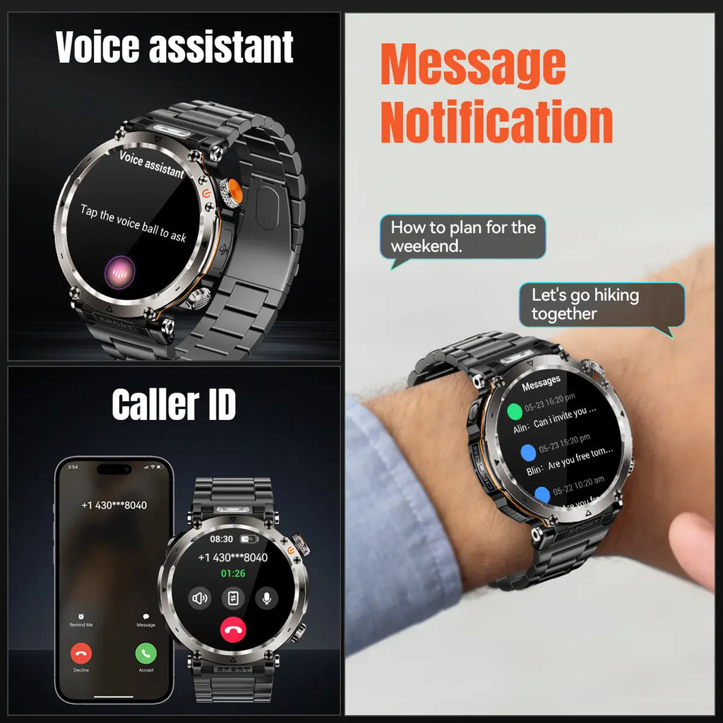 New 2026 Manly Style Smart Sports Watch LED Lights Wireless Calling Message Reminders Sports Mode Voice Assistant Weather Push Stopwatch Timer Smartwatch For Men Compatible With Android iPhone Phones