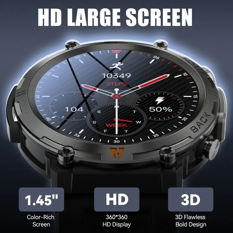 Rugged Wearable Smartwatch for Men - Electronic Gadgets with Call Receive/Dial, LED Flashlight, 3ATM Waterproof, 100+ Sports Modes, Pedometer, Durability, Motion Tracker Smart Watches, Camera Remote Ctrl (Swimming & Gift Compatible)