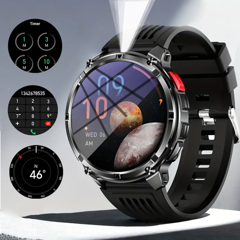 2026 Manly Style Sporty Tech Smart Watch with LED Lights - Men's Accessories, Cool Gadgets, Wireless Calls, Message Reminders, Voice Assistant, Weather Push, Stopwatch Timer, Unique Gifts for Man Compatible with iPhone & Android, Back to School Haul