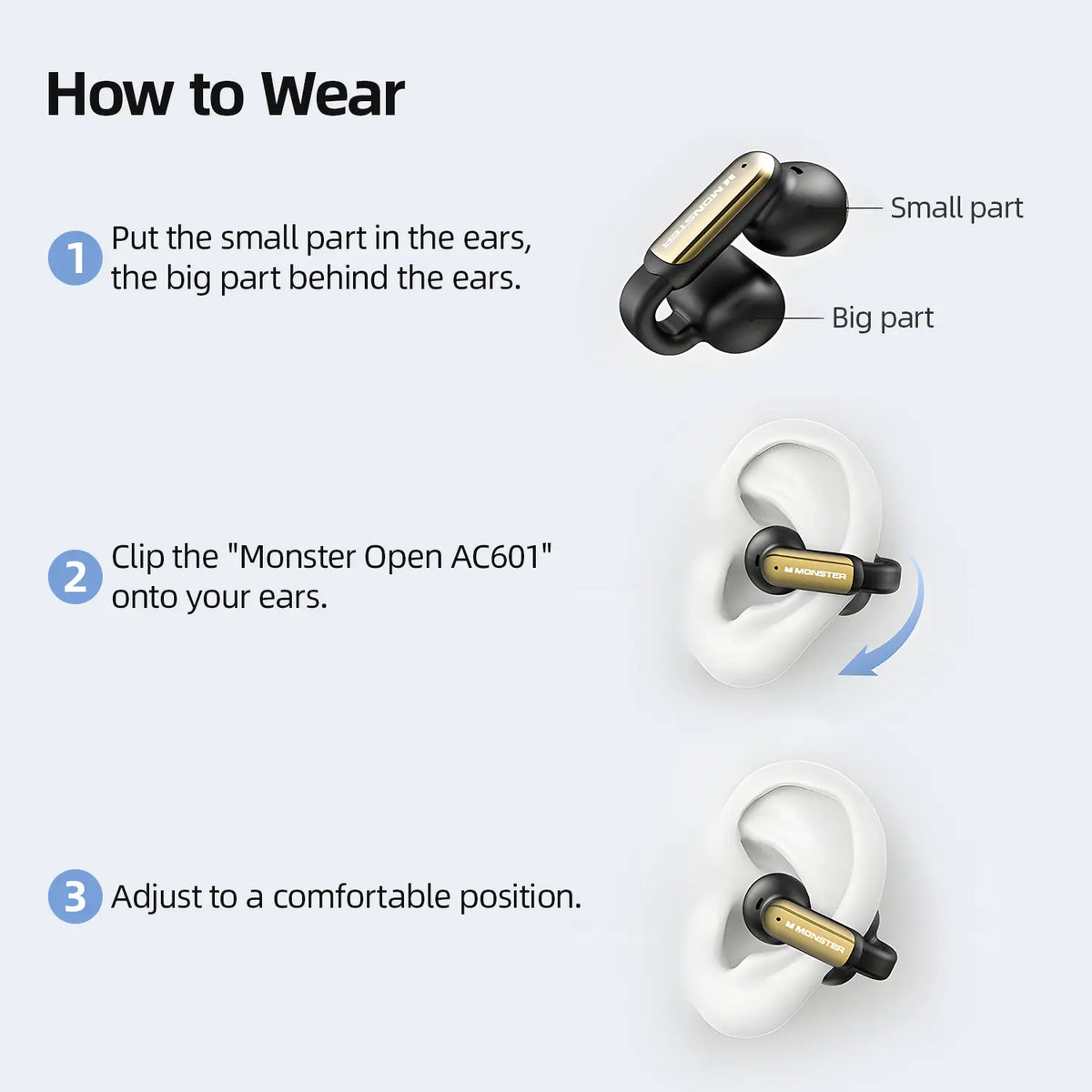 Monster Clip-On Open Ear Wireless Earbuds Bluetooth 5.4 with ENC Mic, Hi-Fi Audio & Stereo Depth, 100H Playtime, Fast Charge, Ultra-Light Secure Fit for Sports