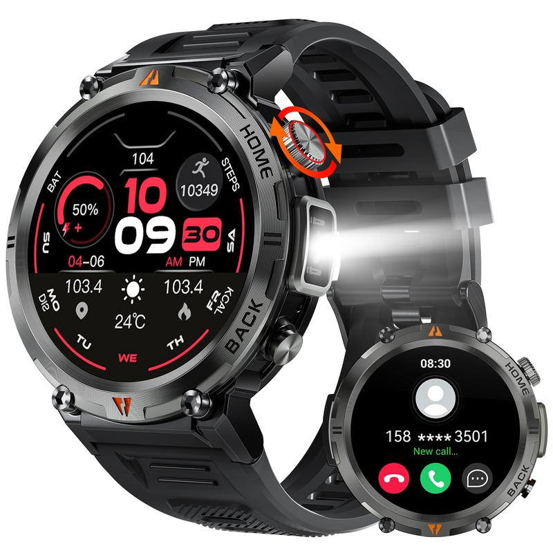 Rugged Wearable Smartwatch for Men - Electronic Gadgets with Call Receive/Dial, LED Flashlight, 3ATM Waterproof, 100+ Sports Modes, Pedometer, Durability, Motion Tracker Smart Watches, Camera Remote Ctrl (Swimming & Gift Compatible)