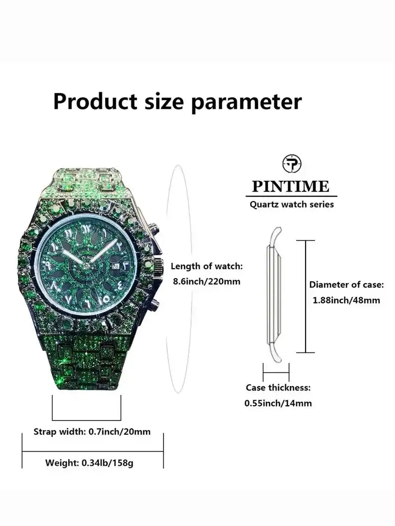 Green Men's Quartz Watch with Rhinestones, Luxury Ice-Dial Hip-Hop Watch with Full Artificial Water Diamonds, Rhinestone Decorated Watch, Fashionable Stylish Watch