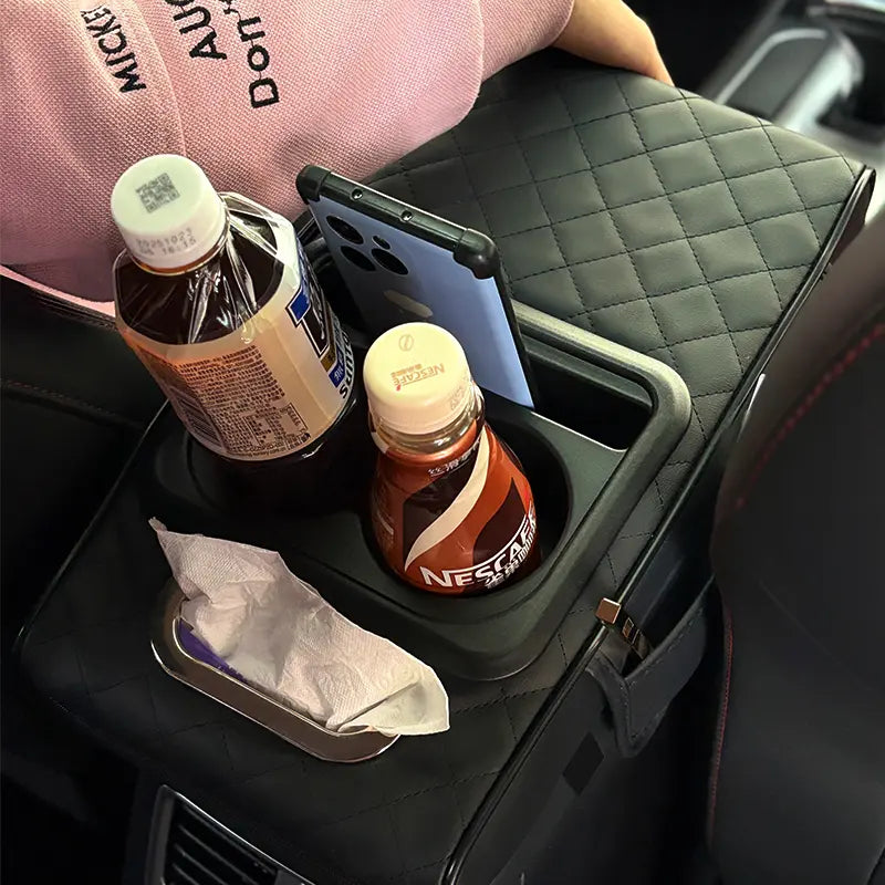 Car Armrest Cushion,5-in-1 Center Console Cover with 2 Storage Bags Cup Holder, Tissue Box Slot, Phone Slot for Sedans, Car Accessories Interior Organizers