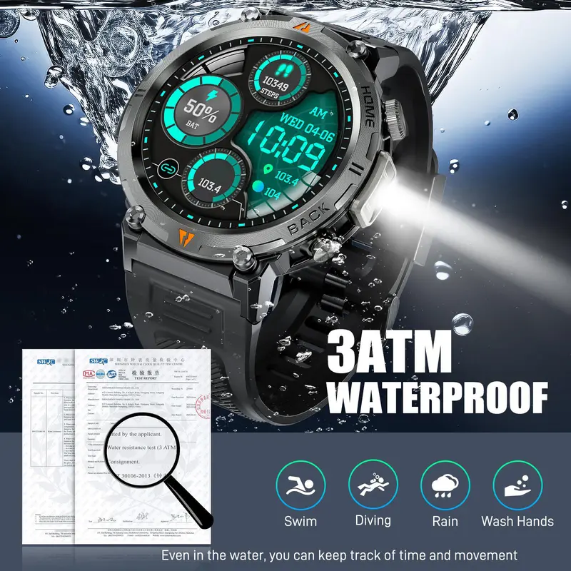 Rugged Wearable Smartwatch for Men - Electronic Gadgets with Call Receive/Dial, LED Flashlight, 3ATM Waterproof, 100+ Sports Modes, Pedometer, Durability, Motion Tracker Smart Watches, Camera Remote Ctrl (Swimming & Gift Compatible)