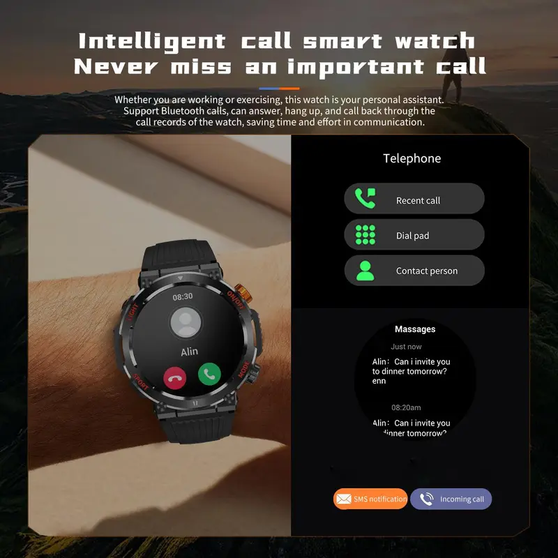 Military Smartwatches (Call Reception/Number Dialing) with LED Flashlight 1.46-inch High-Definition Outdoor Tactical Strong Smart Watch for Sports and Fitness Tracking, Weather , Information Push Voice Assistant, Clock Display Suitable for IOS and Android
