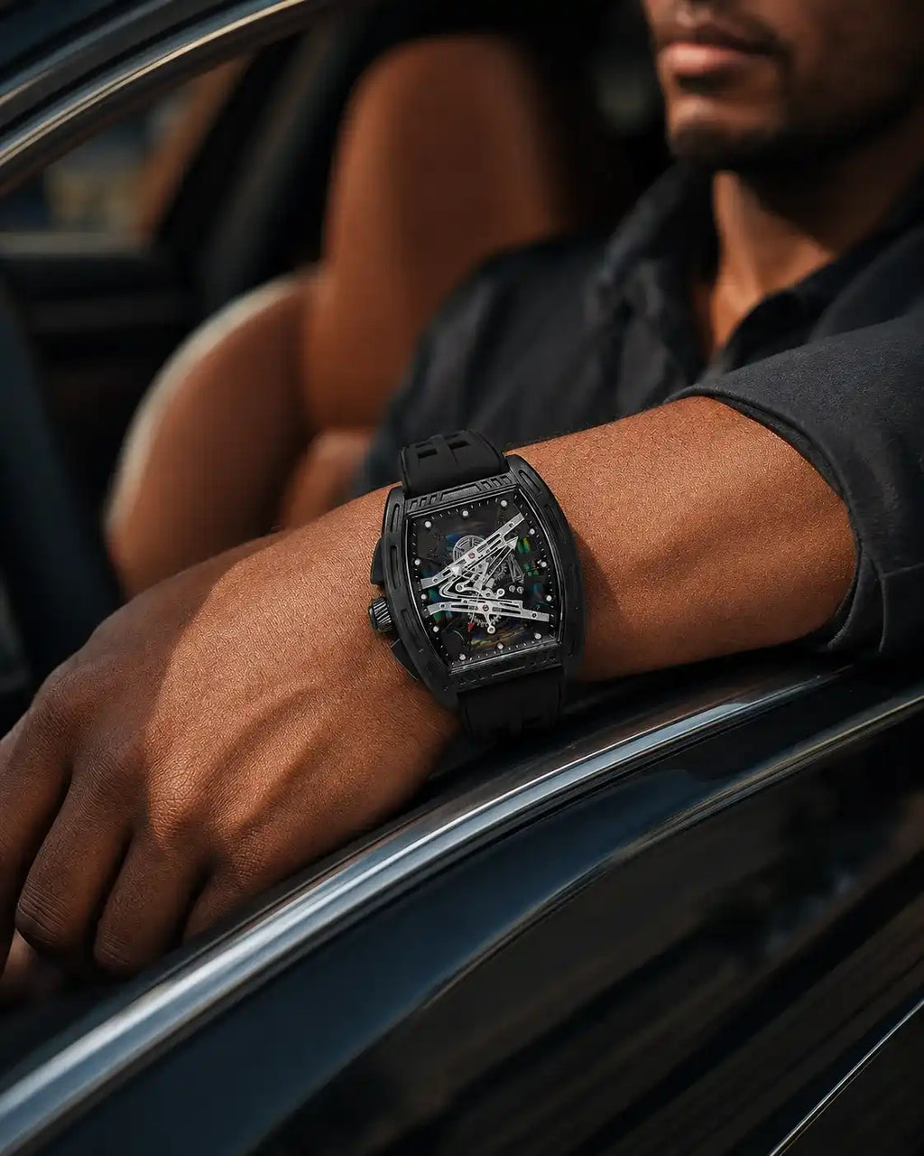 Fashion Tonneau-Shaped Colorful Hollow Dial Silicone Strap Trendy Analog Quartz Wristwatch for Men, Modern Fashionable Watch, Barrel Shaped Watch