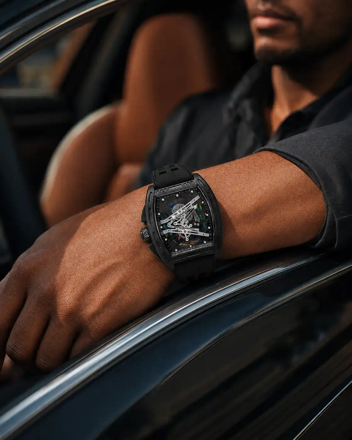 Fashion Tonneau-Shaped Colorful Hollow Dial Silicone Strap Trendy Analog Quartz Wristwatch for Men, Modern Fashionable Watch, Barrel Shaped Watch