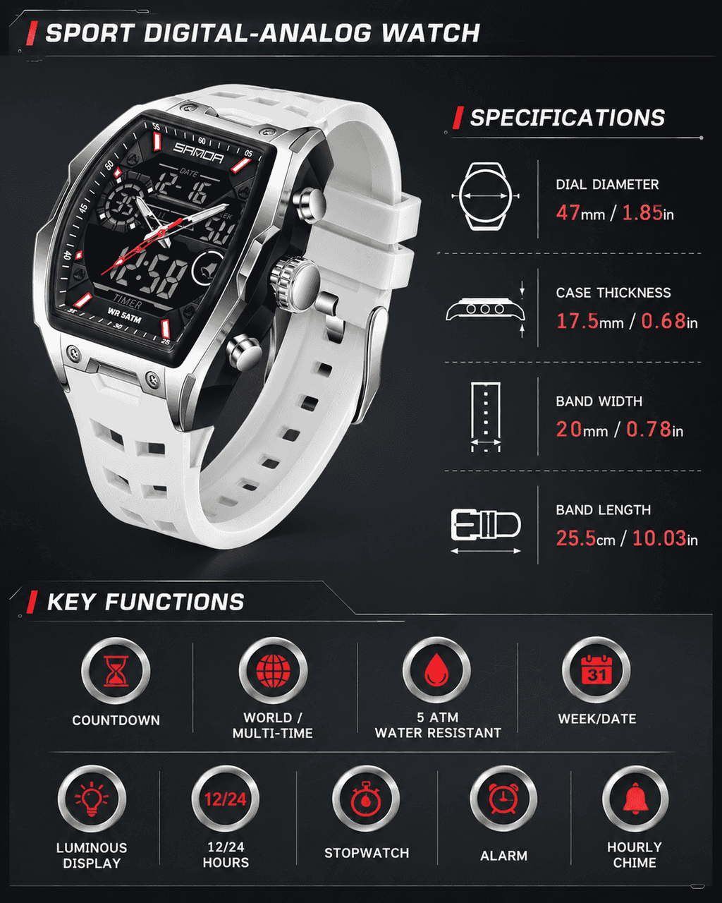 Men's Fashion Quartz Multifunctional Analog Digital Watch, Casual Sporty Multifunction Wristwatch with Luminous Dial and Alarm Mode for Everyday Use