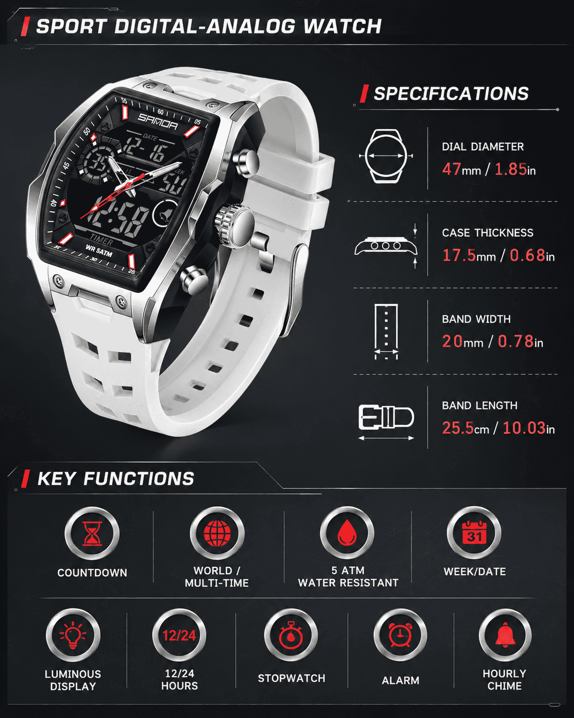 Men's Fashion Quartz Multifunctional Analog Digital Watch, Casual Sporty Multifunction Wristwatch with Luminous Dial and Alarm Mode for Everyday Use