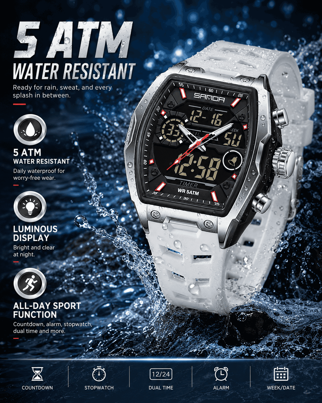 Men's Fashion Quartz Multifunctional Analog Digital Watch, Casual Sporty Multifunction Wristwatch with Luminous Dial and Alarm Mode for Everyday Use
