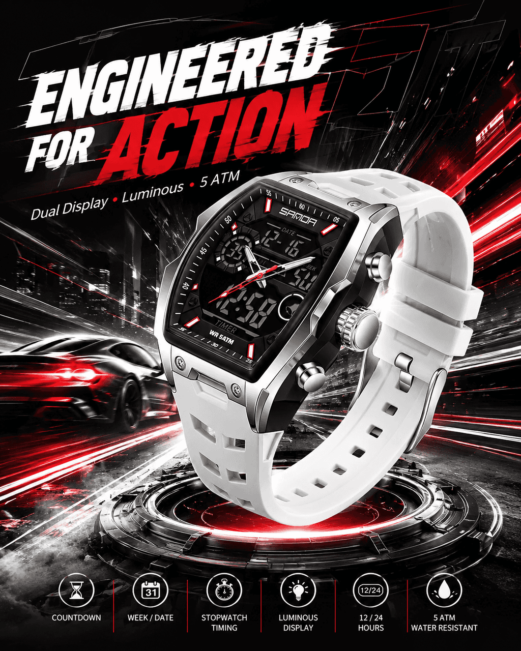 Men's Fashion Quartz Multifunctional Analog Digital Watch, Casual Sporty Multifunction Wristwatch with Luminous Dial and Alarm Mode for Everyday Use