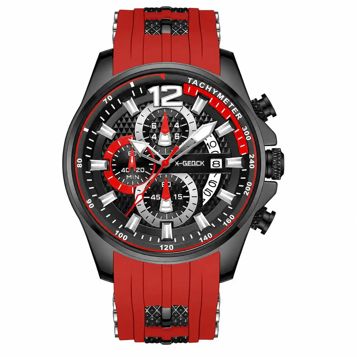 Men's Black & Red Luxury Business Sport Watch - Red Silicone Strap, Chronograph, Tachymeter, 3 Sub-dials, Luminous Dial, Calendar, Water Resistant Wristwatch