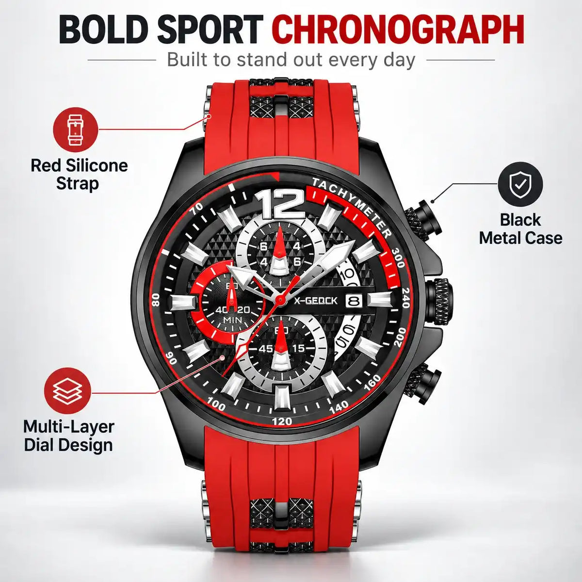 Men's Black & Red Luxury Business Sport Watch - Red Silicone Strap, Chronograph, Tachymeter, 3 Sub-dials, Luminous Dial, Calendar, Water Resistant Wristwatch
