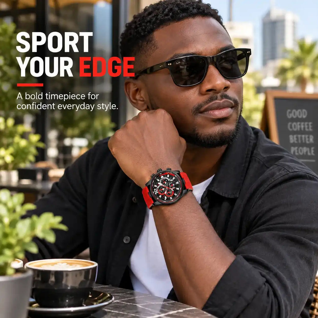 Men's Black & Red Luxury Business Sport Watch - Red Silicone Strap, Chronograph, Tachymeter, 3 Sub-dials, Luminous Dial, Calendar, Water Resistant Wristwatch
