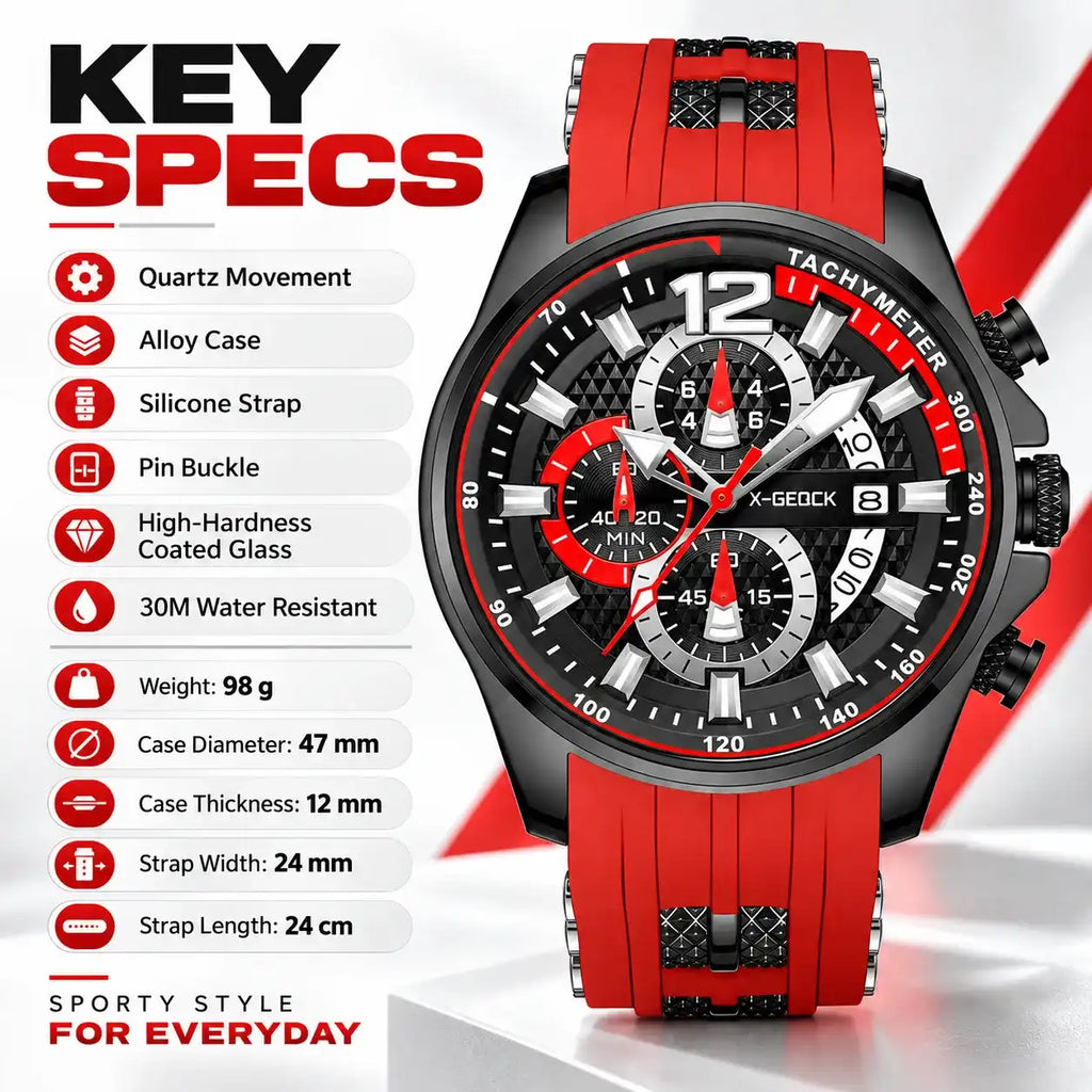 Men's Black & Red Luxury Business Sport Watch - Red Silicone Strap, Chronograph, Tachymeter, 3 Sub-dials, Luminous Dial, Calendar, Water Resistant Wristwatch