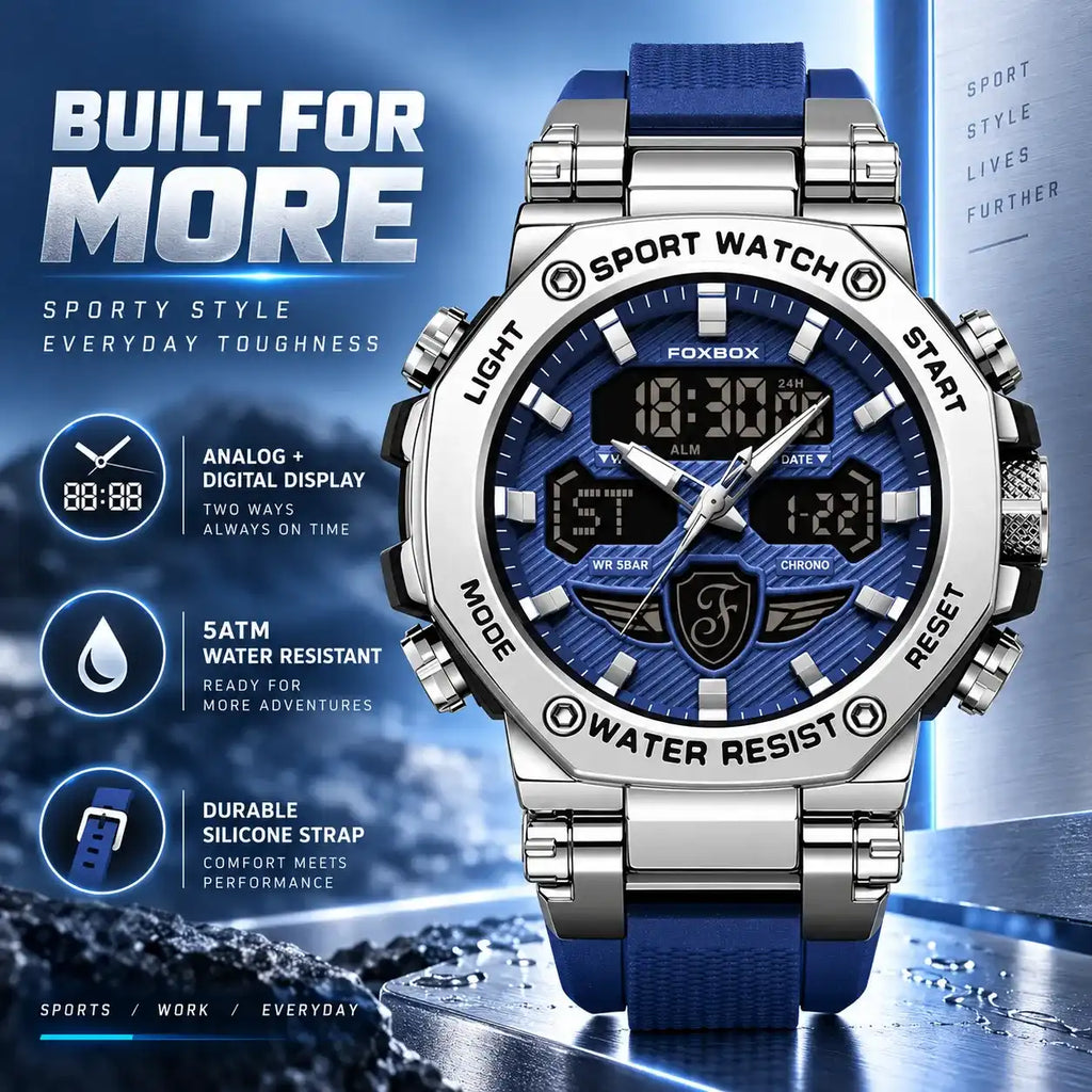 Men's Business Digital Watch Gift – 2026 Multifunctional Dual-Display, 50m Waterproof, Chronograph, Backlight, Blue Dial Stainless Steel, Outdoor Casual Style, with Gift Box – Ideal Birthday & Business Choice