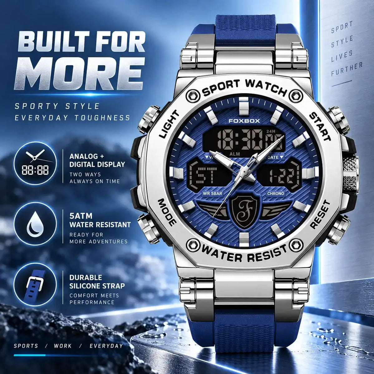 Men's Business Digital Watch Gift – 2026 Multifunctional Dual-Display, 50m Waterproof, Chronograph, Backlight, Blue Dial Stainless Steel, Outdoor Casual Style, with Gift Box – Ideal Birthday & Business Choice