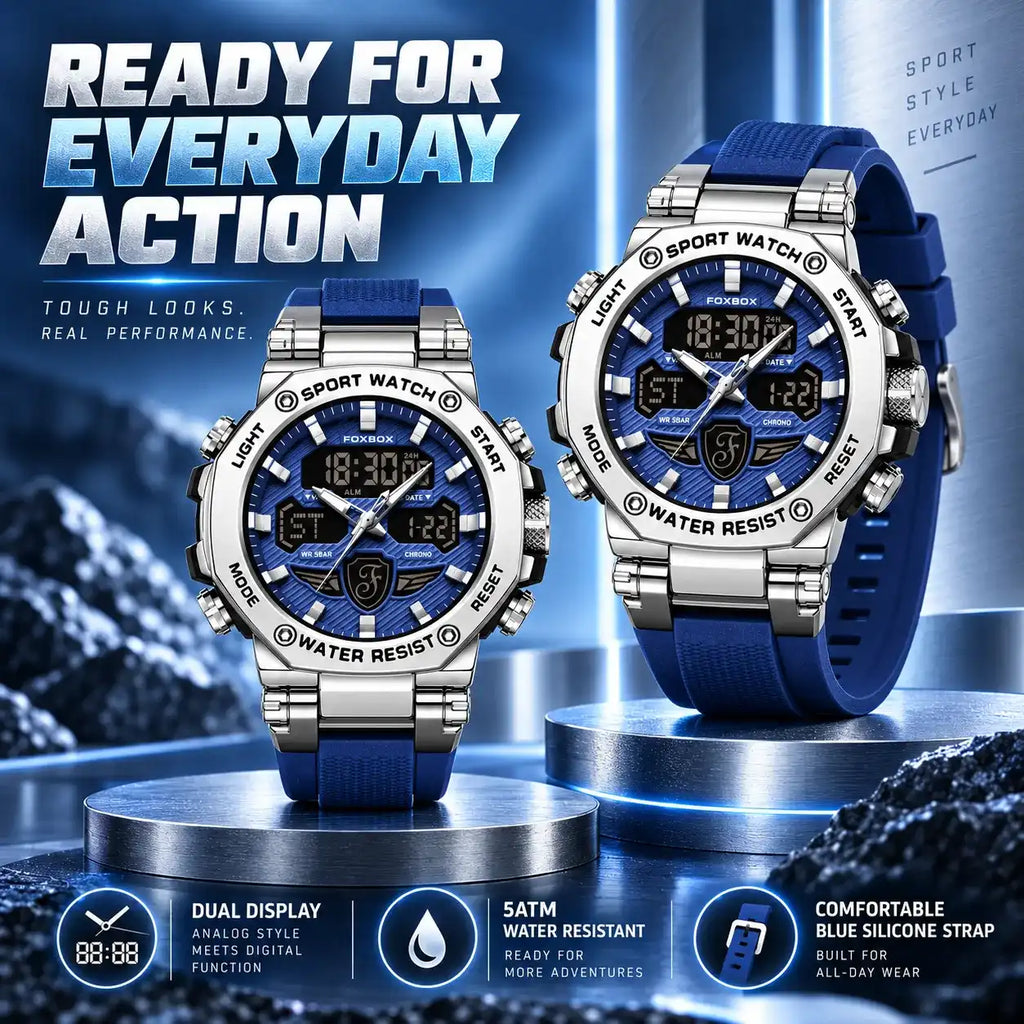 Men's Business Digital Watch Gift – 2026 Multifunctional Dual-Display, 50m Waterproof, Chronograph, Backlight, Blue Dial Stainless Steel, Outdoor Casual Style, with Gift Box – Ideal Birthday & Business Choice