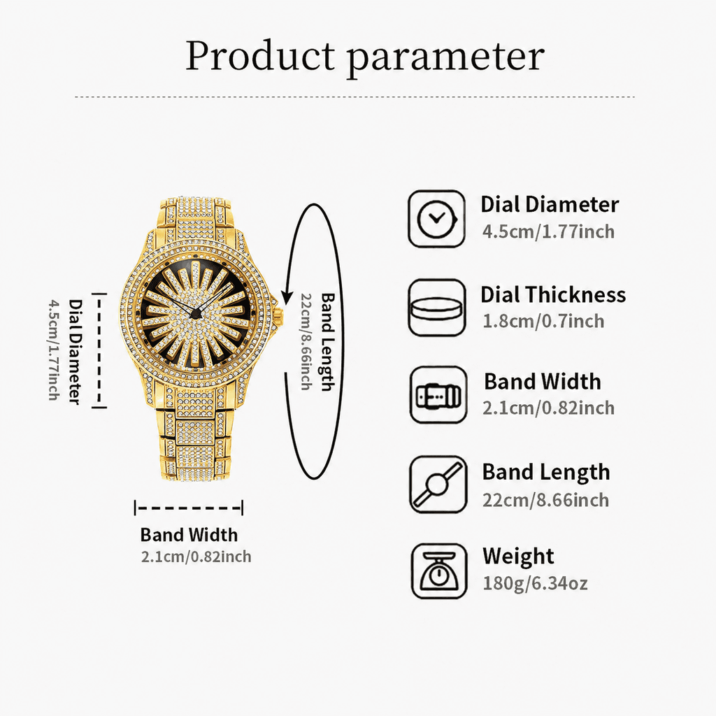 Men's Diamond - Encrusted Gold Watch, Business Quartz Chronograph with RotatingDiamond Dial, Sparkling Effect, WaterResistant, Party Daily Wear Birthday Gift (With Box)