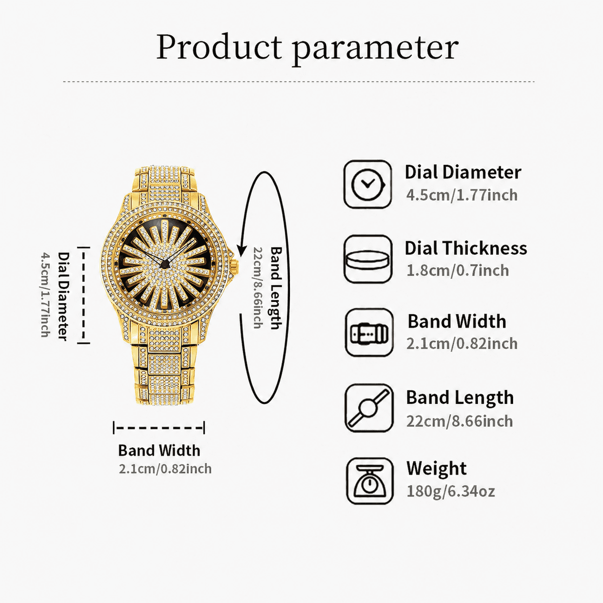 Men's Diamond - Encrusted Gold Watch, Business Quartz Chronograph with RotatingDiamond Dial, Sparkling Effect, WaterResistant, Party Daily Wear Birthday Gift (With Box)